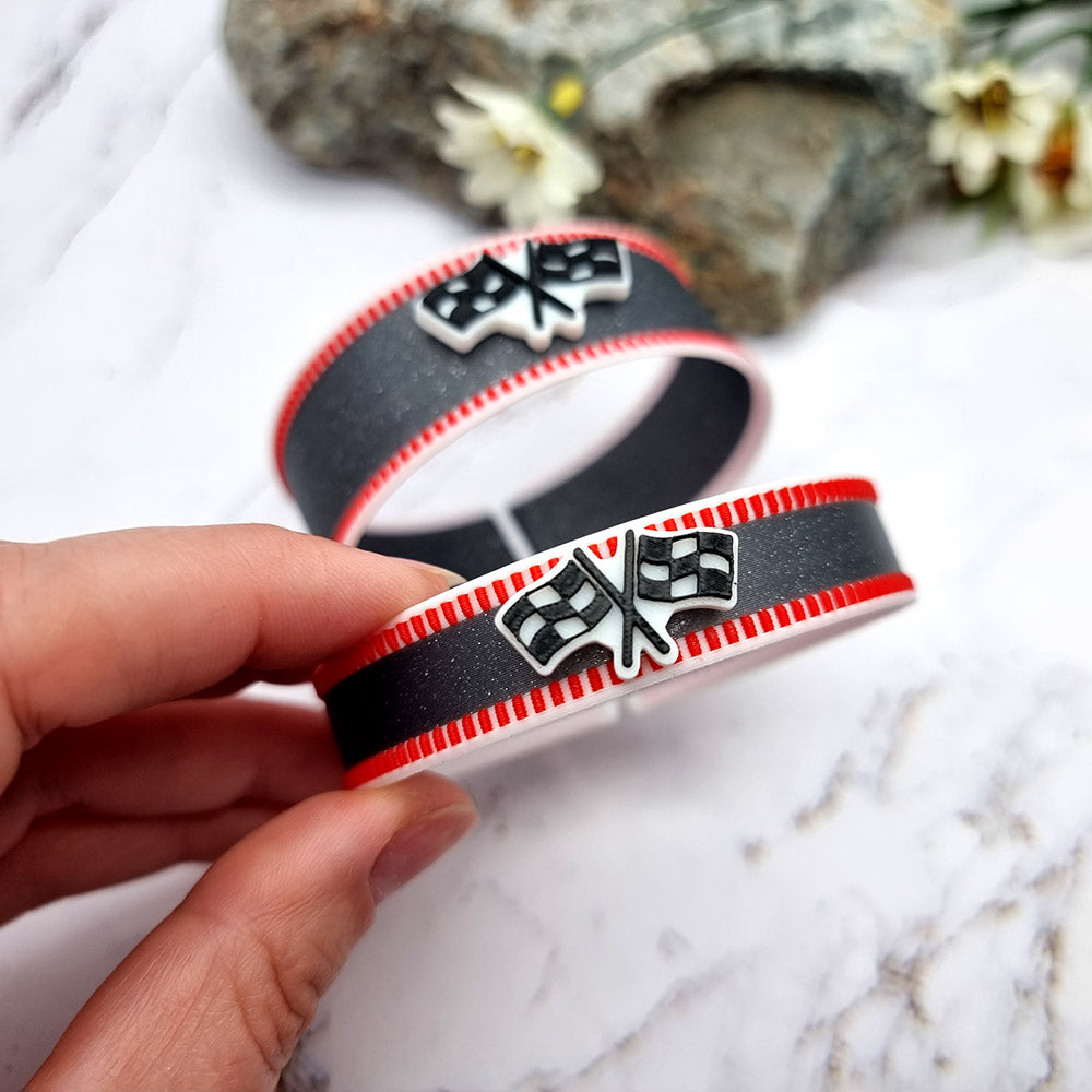 Duksel Design 3D printed motorsport racing bracelet with checkered flags
