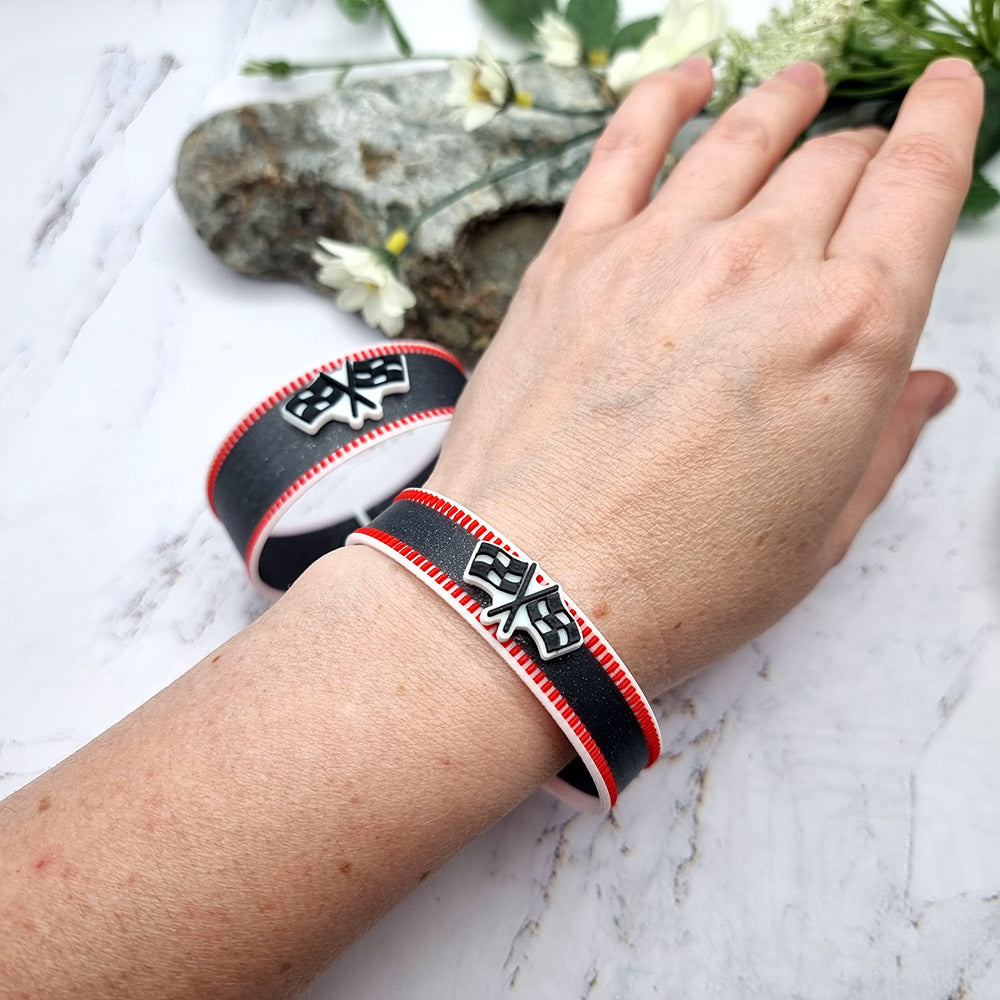 Duksel Design 3D printed motorsport racing bracelet with checkered flags