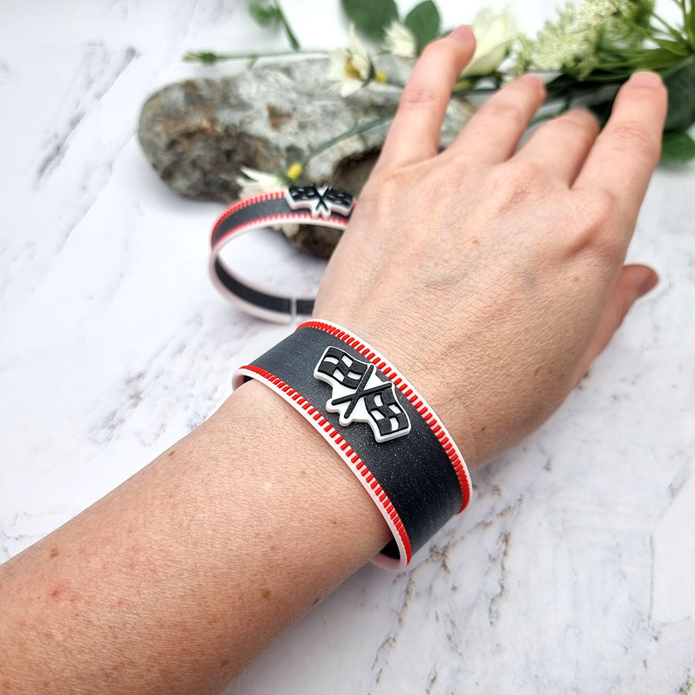 Duksel Design 3D printed motorsport racing bracelet with checkered flags