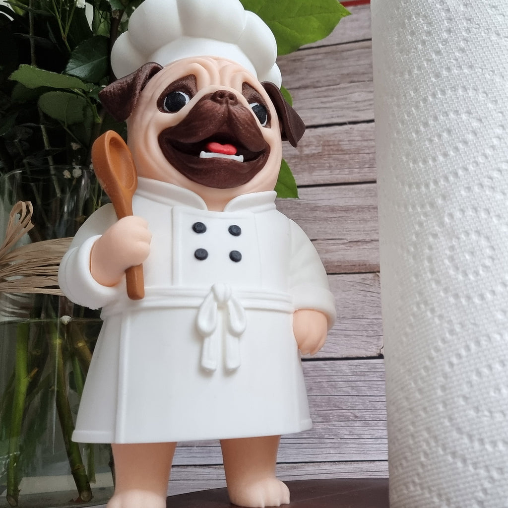 Three-quarter view of the chef's jacket, four buttons and the tied apron