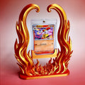 Blazing Arc card holder in gold and red, a trading card in its clear one-touch case framed by sculpted flames