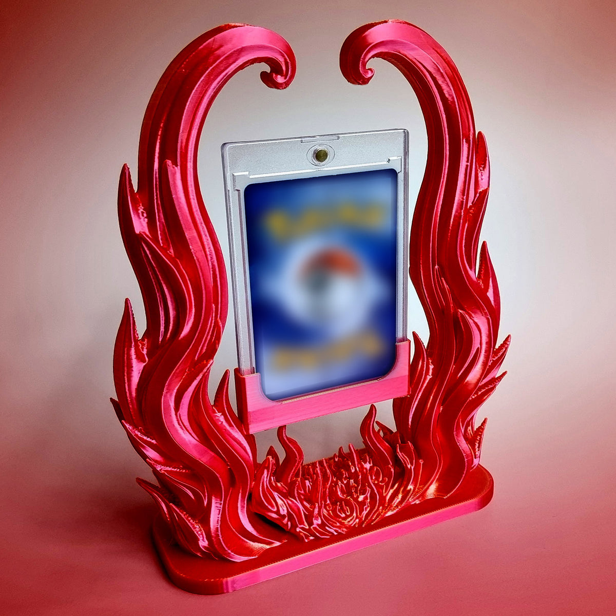 The rich red reverse of the Blazing Arc fire stand, with a trading card face down in its card case